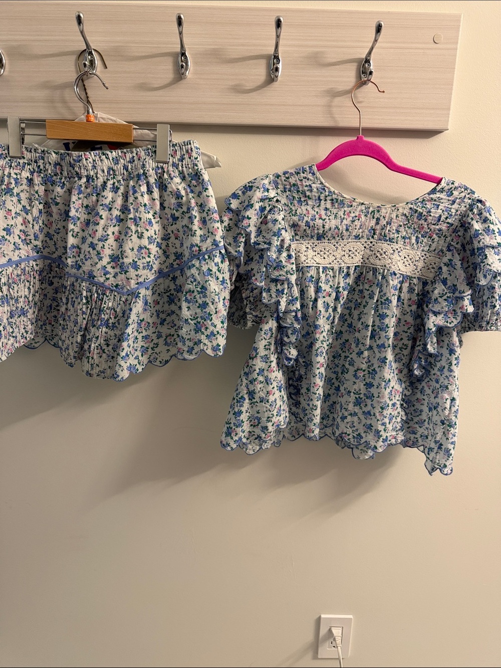 LoveShackFancy Floral Two-Piece Set in Blue Memphis skirt L Nelson top M